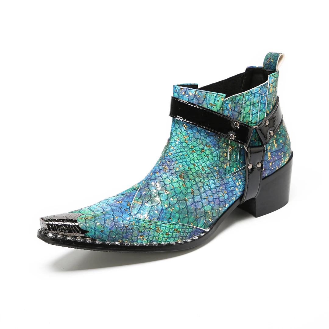 Men's Metal-Accent Pointed-Toe Chelsea Boots with Green-to-Blue Gradient Snake-Print Buckle, Ankle-High Heeled Boots
Men's Metal-Accent Pointed-Toe Chelsea Boots with Green-to-Blue Gradient Snake-Print Buckle, Ankle-High Heeled Boots