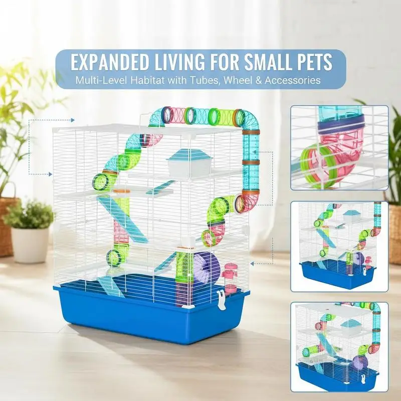 5 Tier Hamster Cage, Gerbil Cage with Tube, Water Bottle, Exercise Wheel, Food Dish, 59L x 36W x 69H cm - Blue
5 Tier Hamster Cage, Gerbil Cage with Tube, Water Bottle, Exercise Wheel, Food Dish, 59L x 36W x 69H cm - Blue