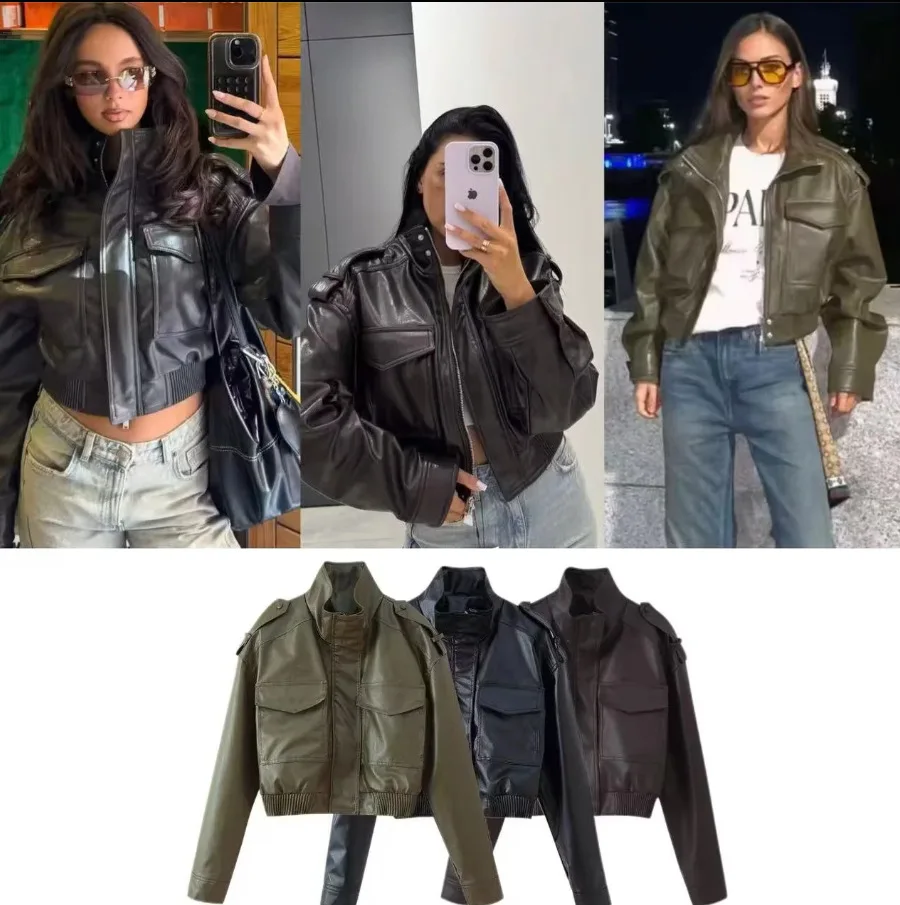 Новая женская короткая куртка из искусственной кожи с эффектом винтажа, воротником-стойкой, длинными рукавами, с лямками и карманами, повседневная уличная одежда
Новая женская короткая куртка из искусственной кожи с эффектом винтажа, воротником-стойкой, длинными рукавами, с лямками и карманами, повседневная уличная одежда