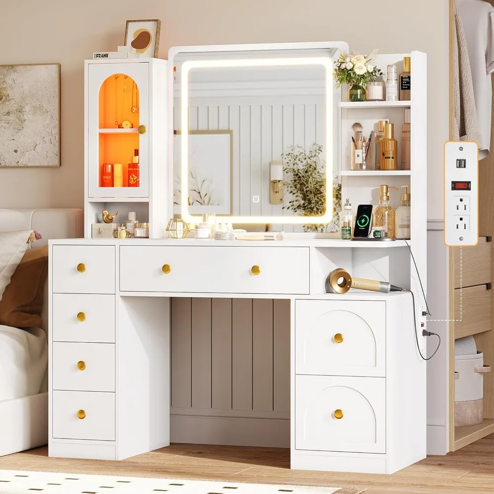 Vanity Desk with Mirror and LED Lights, Large Makeup Vanity Desk with 7 Drawers, Storage Shelves and RGB Glass Cabinet
Vanity Desk with Mirror and LED Lights, Large Makeup Vanity Desk with 7 Drawers, Storage Shelves and RGB Glass Cabinet