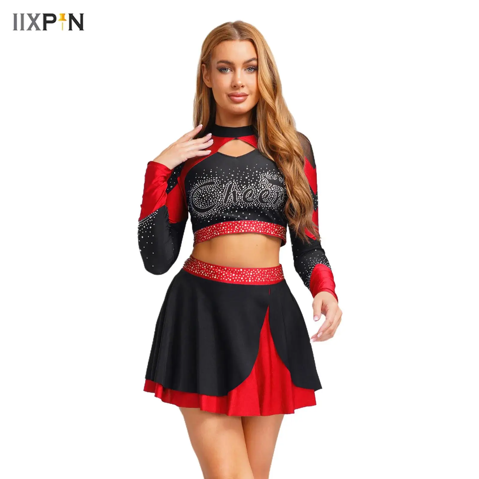 Womens Shiny Rhinestone Cheerleading Uniform Dance Outfits Long Sleeve Hollow Out Contrast Color Crop Top+Skating Skirt 2Pcs
Womens Shiny Rhinestone Cheerleading Uniform Dance Outfits Long Sleeve Hollow Out Contrast Color Crop Top+Skating Skirt 2Pcs