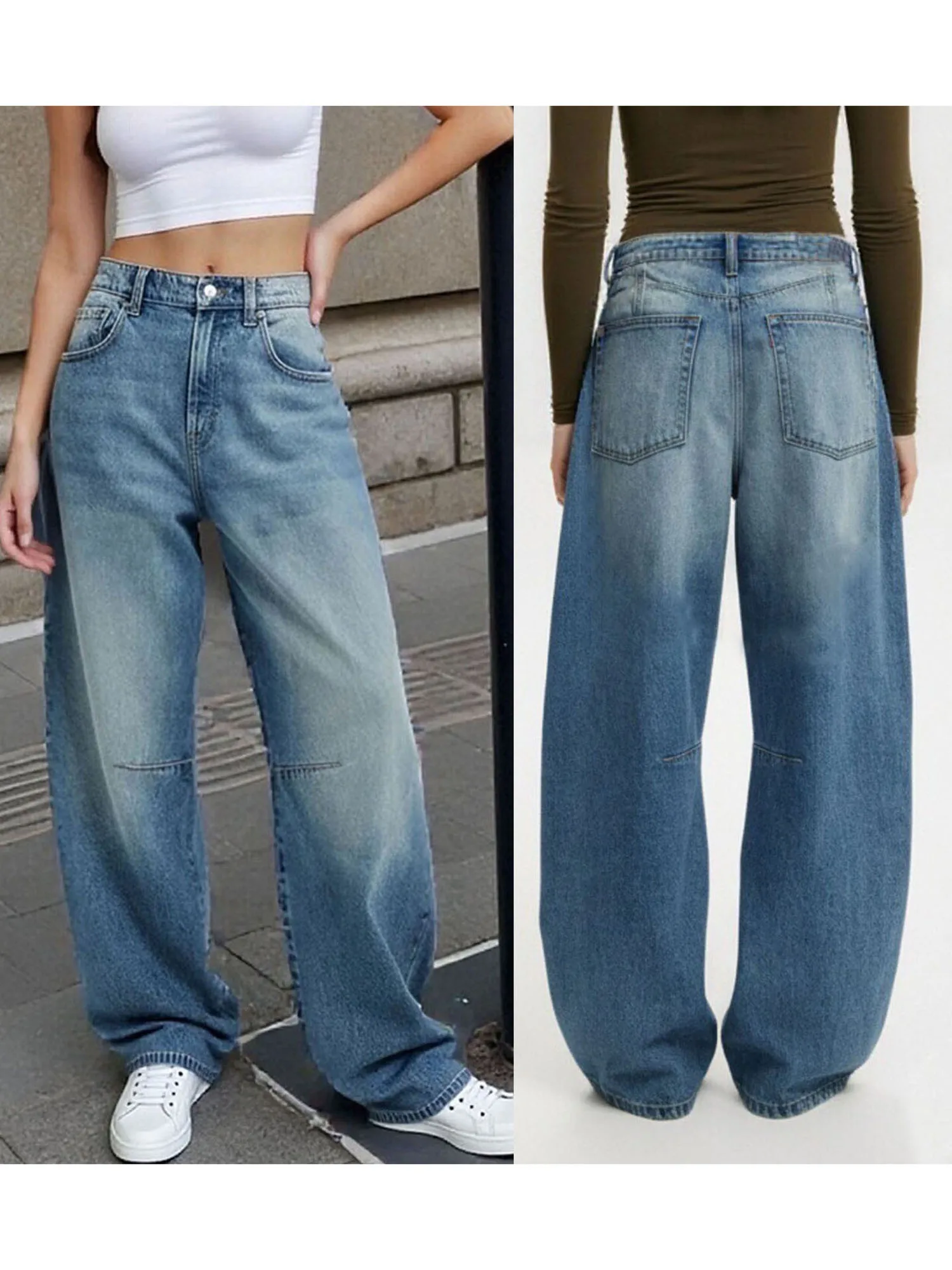 Женские джинсы с карманами. Простые стильные синие повседневные широкие джинсовые брюки со средней посадкой.
Женские джинсы с карманами. Простые стильные синие повседневные широкие джинсовые брюки со средней посадкой.