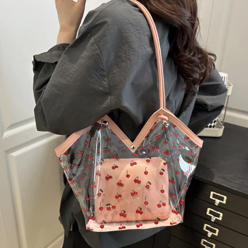 Cherry Pattern Transparent Pvc Shoulder Bag, Women's 2-in-1 Large Capacity Tote Bag Stylish Waterproof Shopping Commuter Handbag
Cherry Pattern Transparent Pvc Shoulder Bag, Women's 2-in-1 Large Capacity Tote Bag Stylish Waterproof Shopping Commuter Handbag