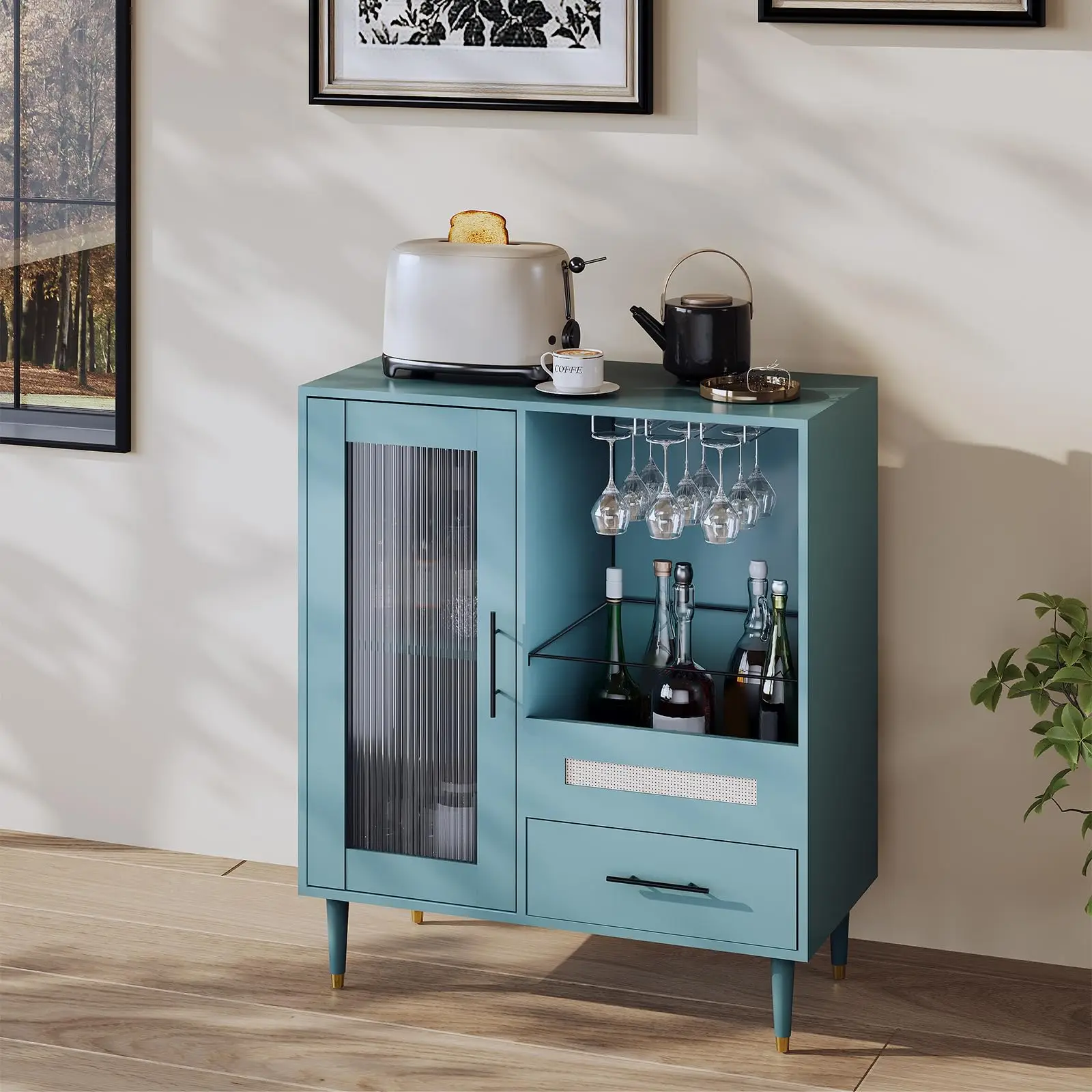 Modern Teal Freestanding Bar Cabinet With Tempered Glass Door, Wine Rack, Hanging Glass Holder, And Drawers For Dining Or
Modern Teal Freestanding Bar Cabinet With Tempered Glass Door, Wine Rack, Hanging Glass Holder, And Drawers For Dining Or