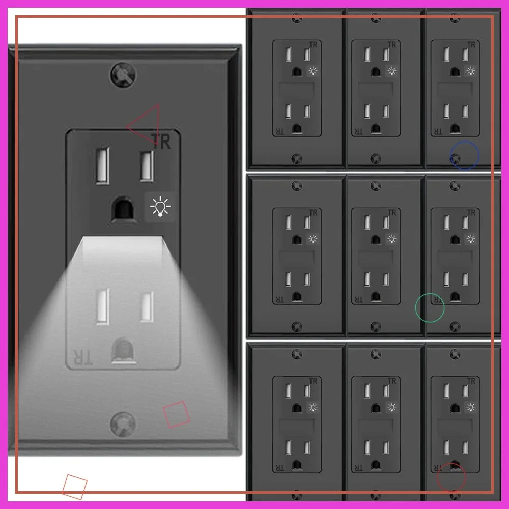 Night Light Wall Outlets, 15A 125V Tamper Resistant Receptacle with LED Nightlight, 10 Pack, Black
Night Light Wall Outlets, 15A 125V Tamper Resistant Receptacle with LED Nightlight, 10 Pack, Black