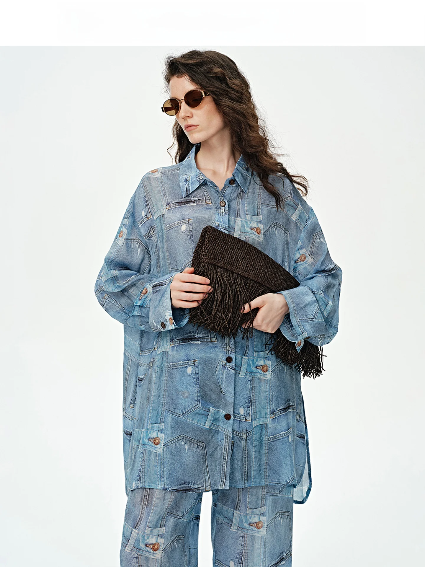 Audrey Wang American Retro Light Blue Pocket Patchwork Print Shirt Wide Leg Pants Two Piece Set Women's Loose Fit Long Sleeve
Audrey Wang American Retro Light Blue Pocket Patchwork Print Shirt Wide Leg Pants Two Piece Set Women's Loose Fit Long Sleeve