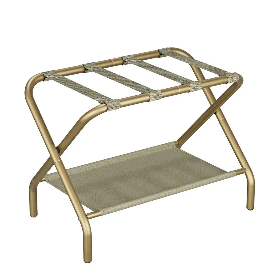 Gold Luggage Rack, Foldable Suitcase Stand with Fabric Storage Shelf, Luggage Holder with 4 Nylon Straps for Guest Room Bedroom
Gold Luggage Rack, Foldable Suitcase Stand with Fabric Storage Shelf, Luggage Holder with 4 Nylon Straps for Guest Room Bedroom