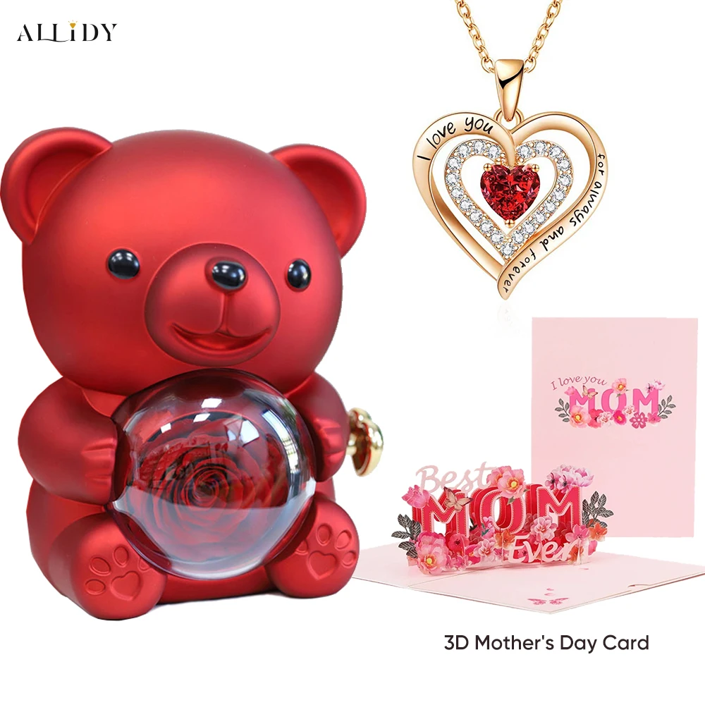 6-Colors Bear Eternal Flower Jewelry Box with Red Heart Stone Necklace 3D Mother's Day Card Gifts Set for Mom/Women
6-Colors Bear Eternal Flower Jewelry Box with Red Heart Stone Necklace 3D Mother's Day Card Gifts Set for Mom/Women