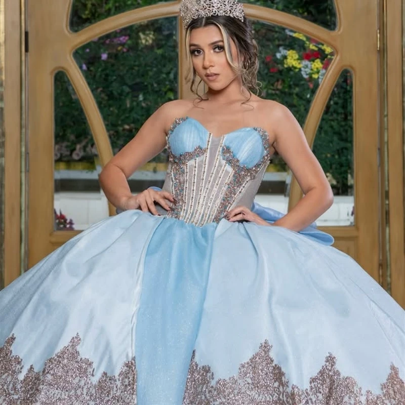 Sky Blue Shiny Ball Gown Quinceanera Dresses Gold Applique Lace Beading Crystal Bow Tiered Tull Corset Off The Shoulder Sweet 16
Sky Blue Shiny Ball Gown Quinceanera Dresses Gold Applique Lace Beading Crystal Bow Tiered Tull Corset Off The Shoulder Sweet 16