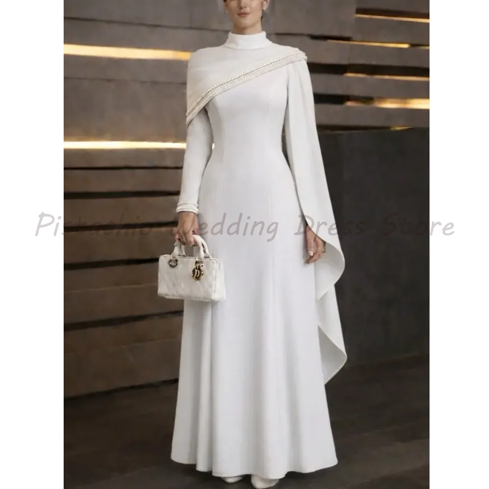 White Muslim Dress High Neck Long Sleeve Beaded Cape A-Line Abaya Formal Evening Gown for Women
White Muslim Dress High Neck Long Sleeve Beaded Cape A-Line Abaya Formal Evening Gown for Women