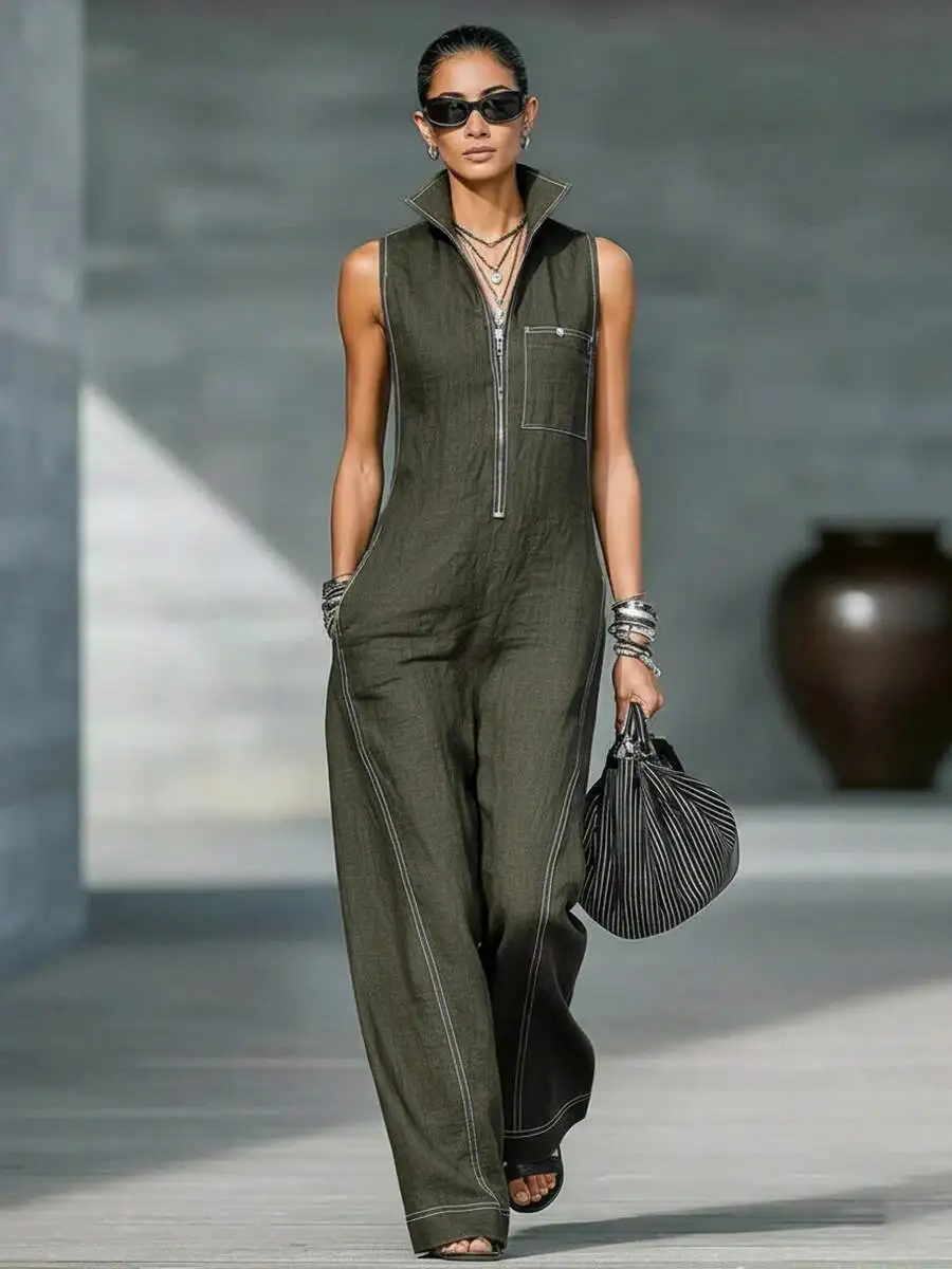 Women Sleeveless Jumpsuit Stand Collar Loose Fit Cotton Linen Casual Romper
Women Sleeveless Jumpsuit Stand Collar Loose Fit Cotton Linen Casual Romper