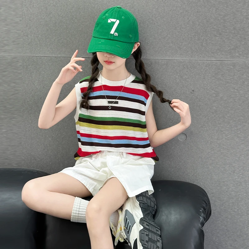 Girls Two Pieces Of Colorful Striped & Shorts Set Child Clothes Short Sleeveless Top And Shorts with Pockets 2 Pieces Short Sets
Girls Two Pieces Of Colorful Striped & Shorts Set Child Clothes Short Sleeveless Top And Shorts with Pockets 2 Pieces Short Sets