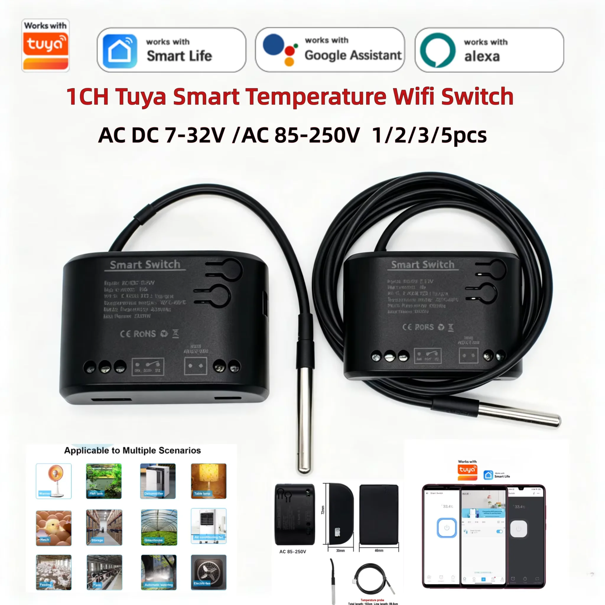 1-5pcs WiFi Smart Temperature Switch 1CH 10A Thermostat Relay Controller AC DC7-32V/85-250V Works with Tuya Alexa Smart Life
1-5pcs WiFi Smart Temperature Switch 1CH 10A Thermostat Relay Controller AC DC7-32V/85-250V Works with Tuya Alexa Smart Life