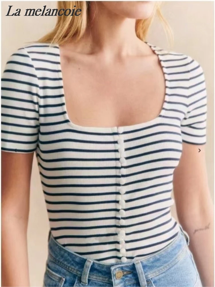 Striped T-shirt For Woman Casual U-neck Stretch Cotton T-Shirts Female Summer 2024 New Fashion Retro Classic Short Sleeve Tops
Striped T-shirt For Woman Casual U-neck Stretch Cotton T-Shirts Female Summer 2024 New Fashion Retro Classic Short Sleeve Tops