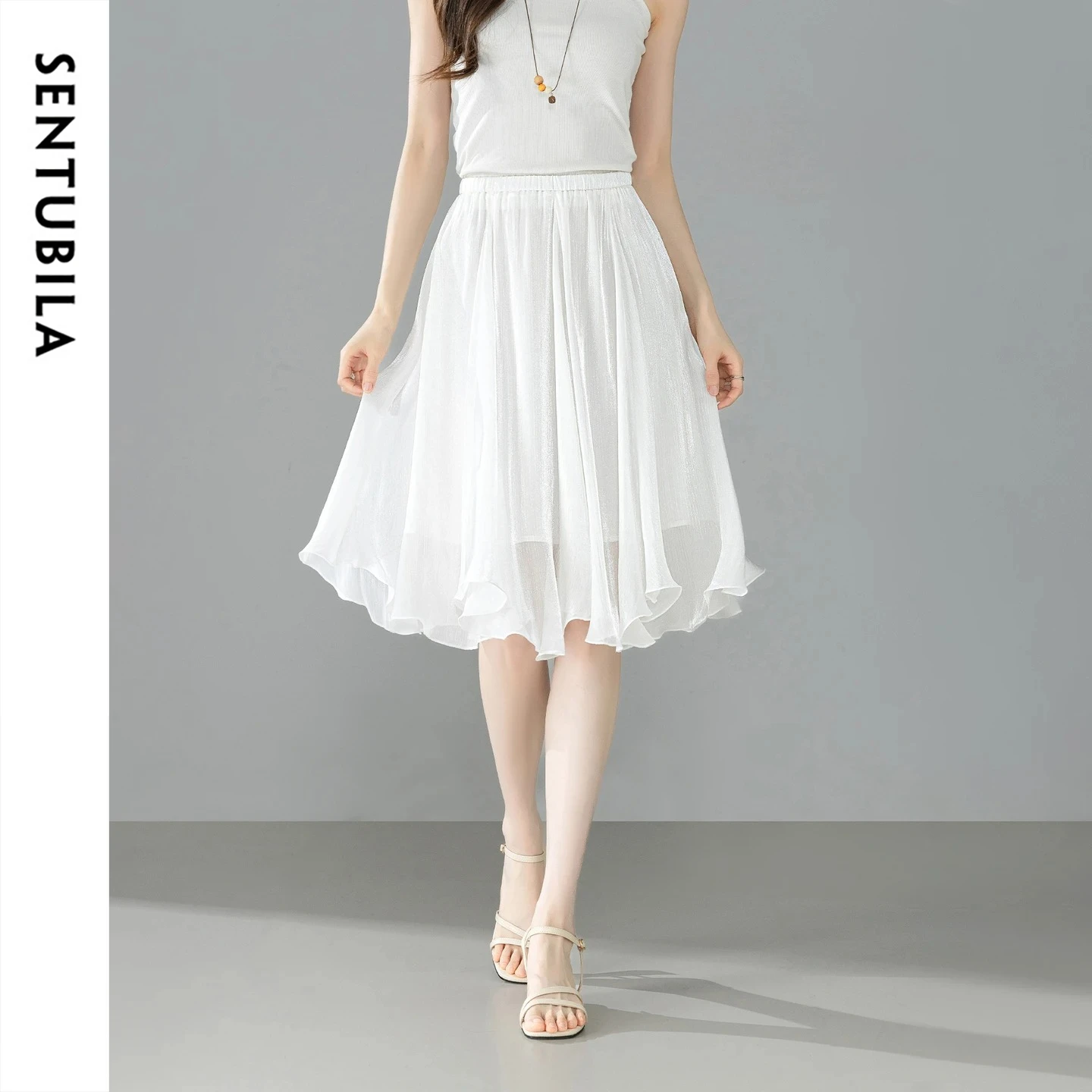 SENTUBILA White Chiffon Shimmering Flow Skirt Women 2026 Summer Elegant Elastic Waist Irregular Casual Umbrella Skirt Q62QG7308
SENTUBILA White Chiffon Shimmering Flow Skirt Women 2026 Summer Elegant Elastic Waist Irregular Casual Umbrella Skirt Q62QG7308