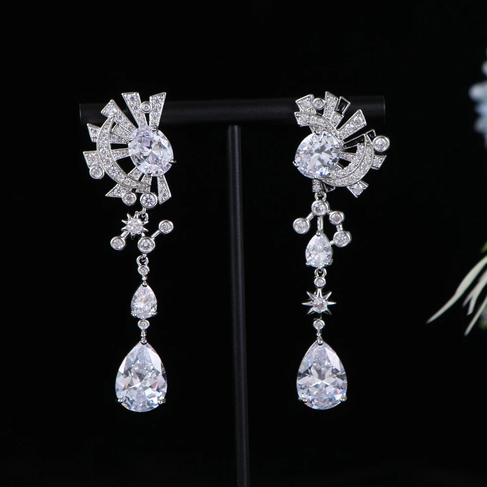 Luxury Moon Star Water Droplets Dangle Earrings For Women Wedding Cubic Zircon Dubai Bridal Asymmetri Drop Earrings E1158
Luxury Moon Star Water Droplets Dangle Earrings For Women Wedding Cubic Zircon Dubai Bridal Asymmetri Drop Earrings E1158