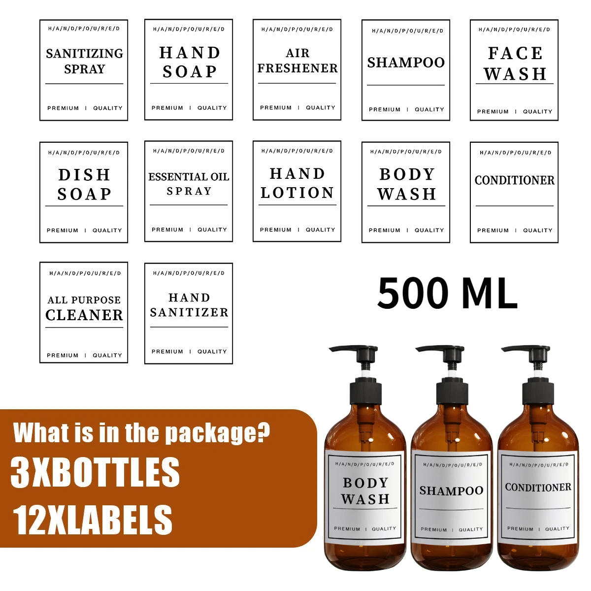 Brown Soap Despenser with 12 Labels for Shampoo Conditioner and Body Wash 500ml Refillable Manually Press Pump Bottle Dispensers
Brown Soap Despenser with 12 Labels for Shampoo Conditioner and Body Wash 500ml Refillable Manually Press Pump Bottle Dispensers