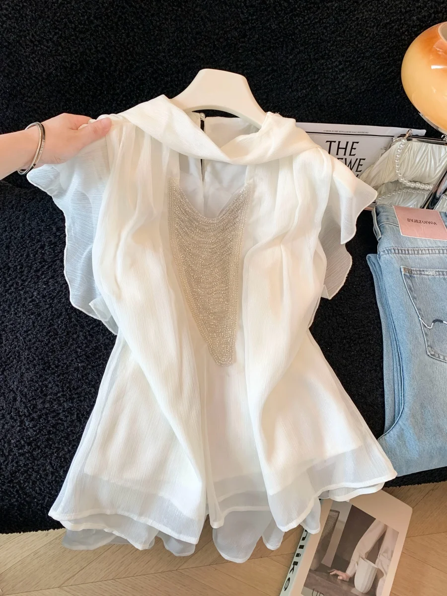 Elegant Summer Women's Shirt Thin Chiffon Short Sleeve Fly Sleeve Design Belted Fashionable Look Good Match All Versatile Style
Elegant Summer Women's Shirt Thin Chiffon Short Sleeve Fly Sleeve Design Belted Fashionable Look Good Match All Versatile Style