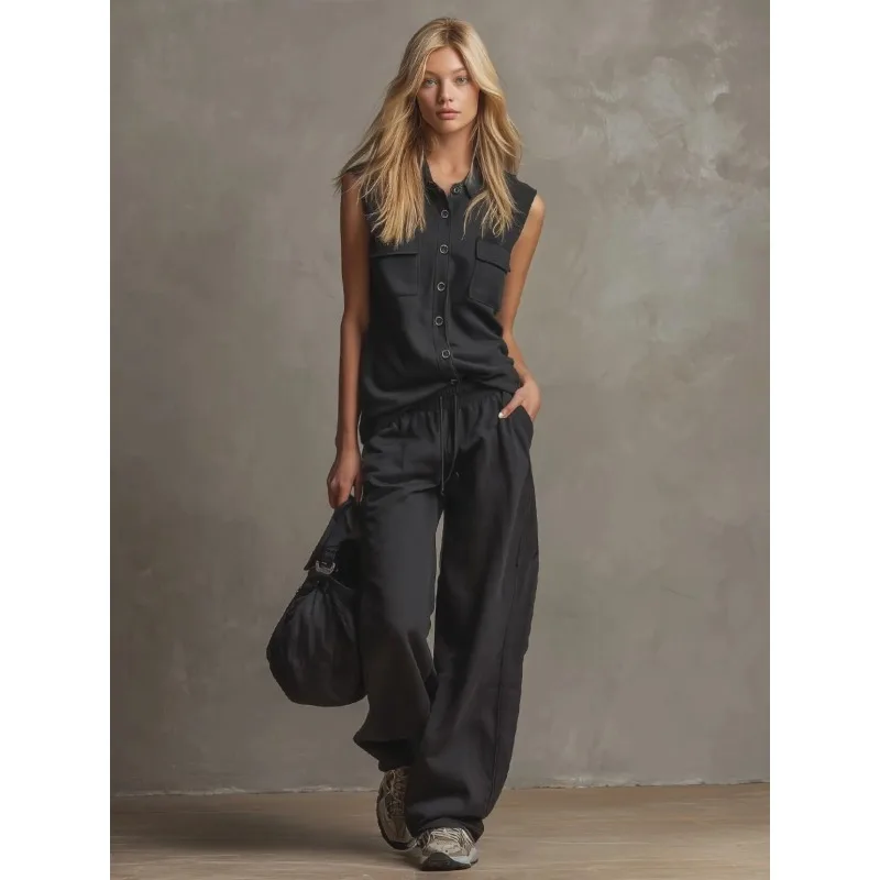 Summer Vintage Sleeveless Lapel Button Shirt Top High Waist Drawstring Wide Leg Pants Solid Black Casual Streetwear vacation
Summer Vintage Sleeveless Lapel Button Shirt Top High Waist Drawstring Wide Leg Pants Solid Black Casual Streetwear vacation