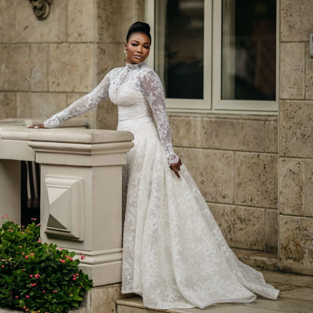 Beaded Lace Mermaid Wedding Dresses African High Neck Applique Full Sleeve Button Back Bride Gown Elopement Gown Customized
Beaded Lace Mermaid Wedding Dresses African High Neck Applique Full Sleeve Button Back Bride Gown Elopement Gown Customized