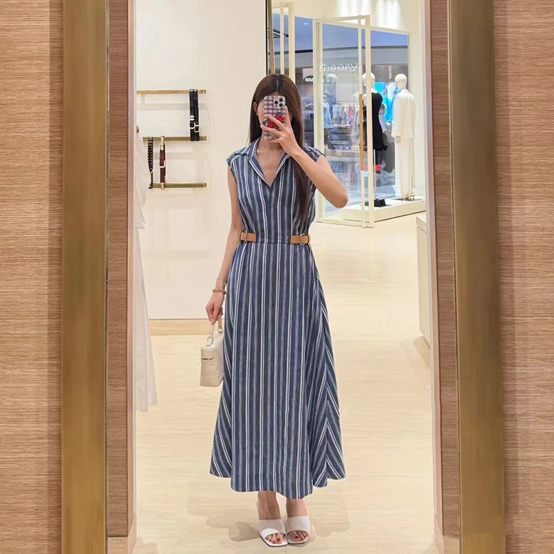 Elegant Blue Striped Embroidered Women's Dress with Belt Low Collar Sleeveless Shirt Style Midaxi Length A-Line Skirt Dress
Elegant Blue Striped Embroidered Women's Dress with Belt Low Collar Sleeveless Shirt Style Midaxi Length A-Line Skirt Dress