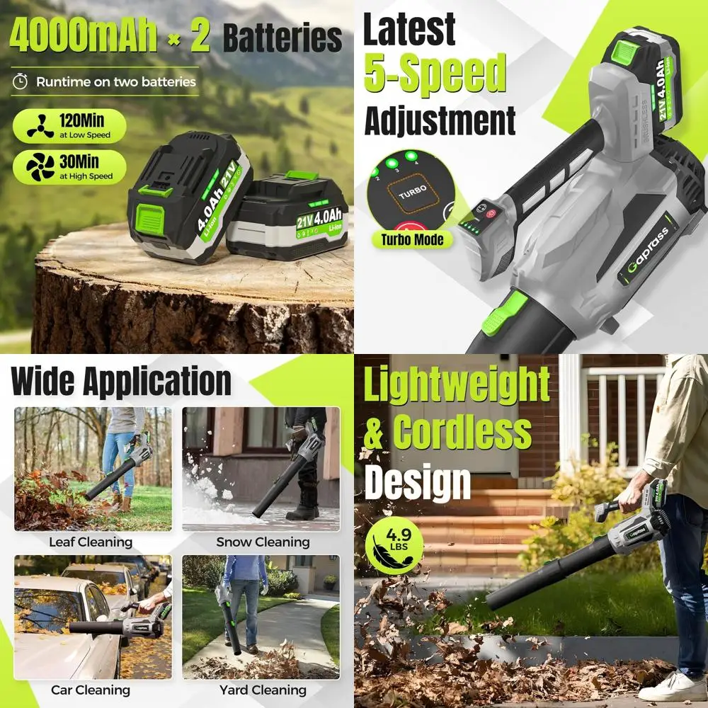 Cordless Leaf Blower, 2 x 4.0Ah Batteries & Charger, 5-Speed Turbo, 650CFM 180MPH Lawn Care Tool
Cordless Leaf Blower, 2 x 4.0Ah Batteries & Charger, 5-Speed Turbo, 650CFM 180MPH Lawn Care Tool