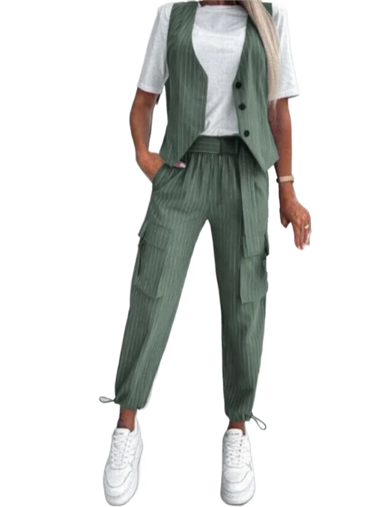 Sleeveless Single Breasted Vest Pants Two-piece Set For Spring New Women's Casual Fashion Striped Printed Vest Pants Set
Sleeveless Single Breasted Vest Pants Two-piece Set For Spring New Women's Casual Fashion Striped Printed Vest Pants Set