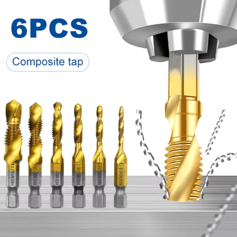 6pc high speed steel M3-M10 titanium plated composite tap hexagonal drill and tap integrated tap machine with hole chamfer tool
6pc high speed steel M3-M10 titanium plated composite tap hexagonal drill and tap integrated tap machine with hole chamfer tool