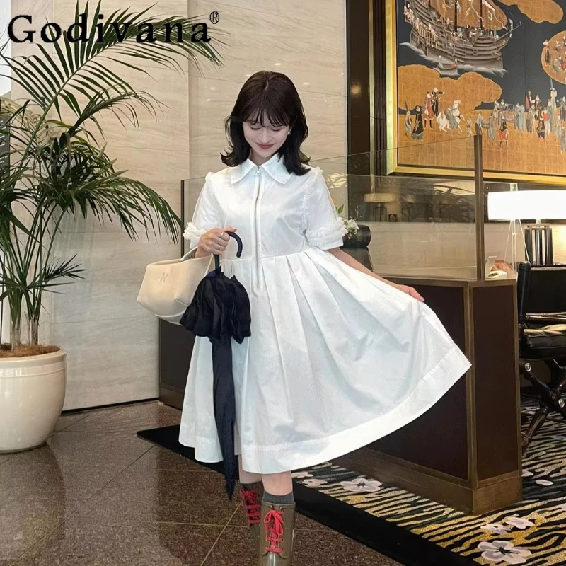 Japanese Style Sweet Mesh Stitching Zipper Lapel Design Shirt Dress Summer Girl Short Sleeve Daily Long Dress Ladies White Dress
Japanese Style Sweet Mesh Stitching Zipper Lapel Design Shirt Dress Summer Girl Short Sleeve Daily Long Dress Ladies White Dress