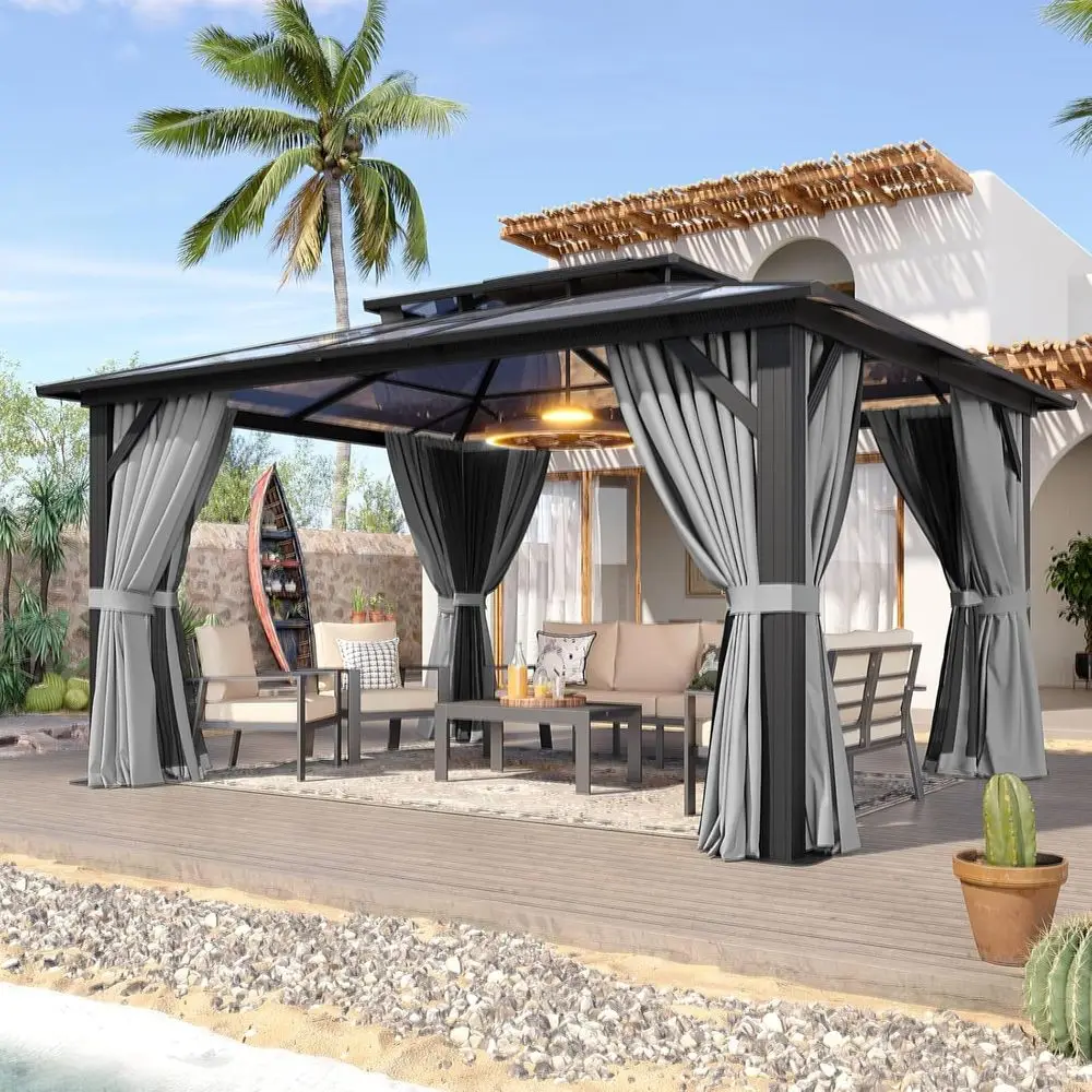 12'x14' Hardtop Gazebo, Aluminum Frame Permanent Pavilion with Curtains and Netting, Outdoor Polycarbonate Double Roof Canopy, D
12'x14' Hardtop Gazebo, Aluminum Frame Permanent Pavilion with Curtains and Netting, Outdoor Polycarbonate Double Roof Canopy, D
