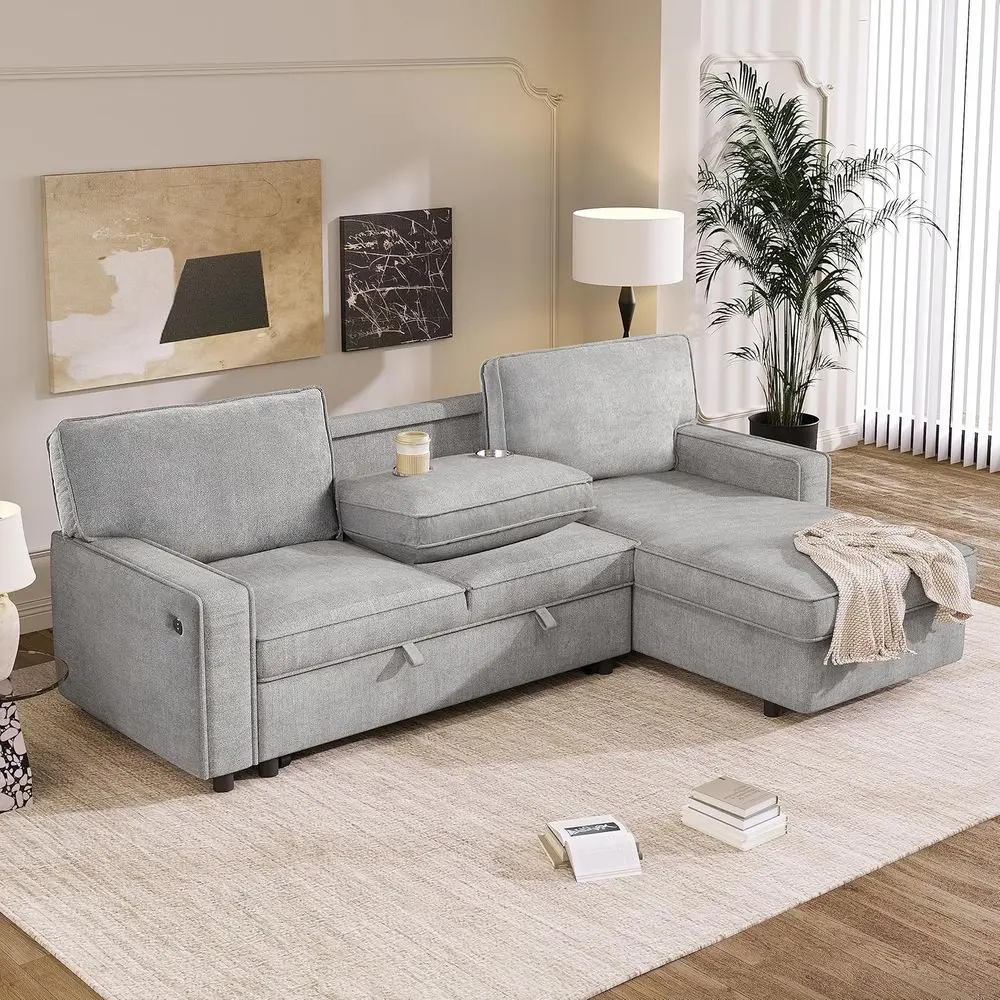 89 Inch Convertible Sleeper Sofa Bed, L-Shaped Sectional Sofa with Pull-Out Couch and Chaise, Chenille Fabric with Cup Holders a
89 Inch Convertible Sleeper Sofa Bed, L-Shaped Sectional Sofa with Pull-Out Couch and Chaise, Chenille Fabric with Cup Holders a