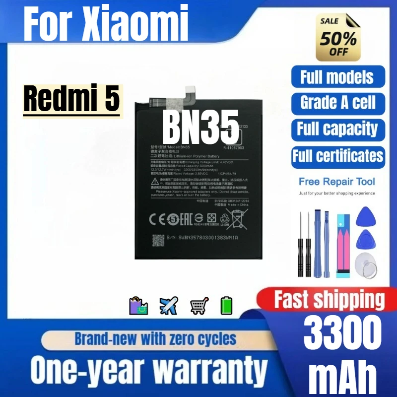 BN35 for Xiaomi Redmi 5 Phone Battery 0 Cycle High Quality High Capacity Battery Replacement Bateria Grade A Cell with Tools
BN35 for Xiaomi Redmi 5 Phone Battery 0 Cycle High Quality High Capacity Battery Replacement Bateria Grade A Cell with Tools