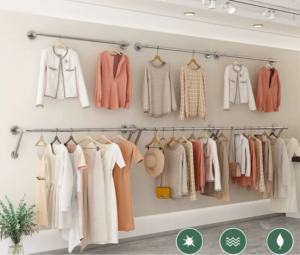 Clothing store display rack, wall mounted women's clothing store shelf, stainless steel hanging rack display rack
Clothing store display rack, wall mounted women's clothing store shelf, stainless steel hanging rack display rack