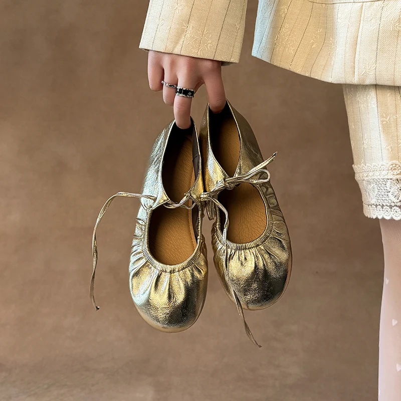 Women Loafers Cow Leather Mules Spring Summer Casual Shoes Lace Up Ladies Chic Flats Round Toe Golden Silver Footwear
Women Loafers Cow Leather Mules Spring Summer Casual Shoes Lace Up Ladies Chic Flats Round Toe Golden Silver Footwear