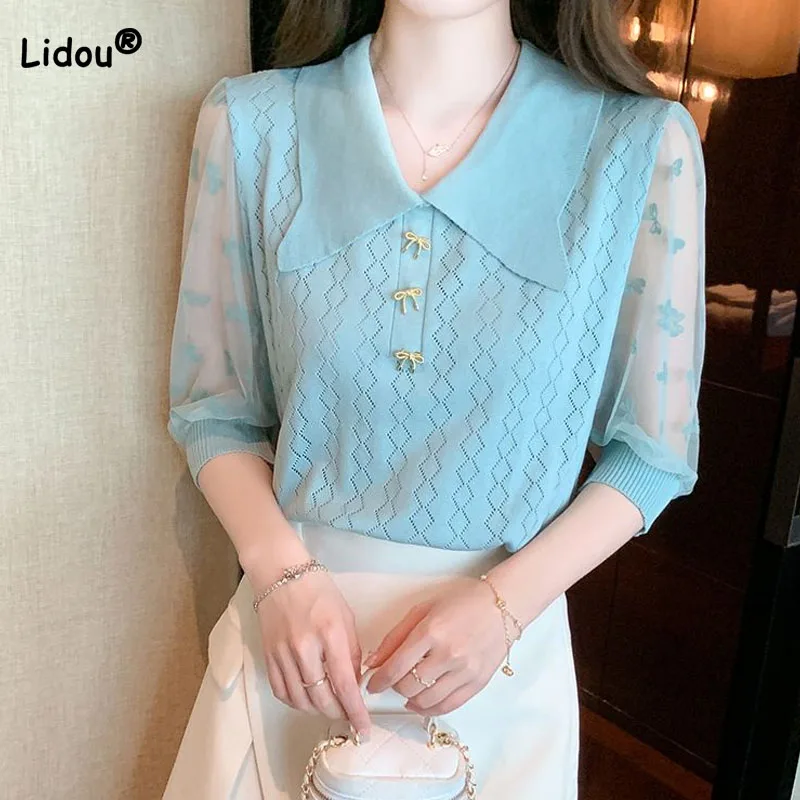 Fashion Elegant Solid Color Women's Blouse Summer Korean All-match Gauze Puff Sleeve Peter Pan Collar Shirt Female Clothing
Fashion Elegant Solid Color Women's Blouse Summer Korean All-match Gauze Puff Sleeve Peter Pan Collar Shirt Female Clothing