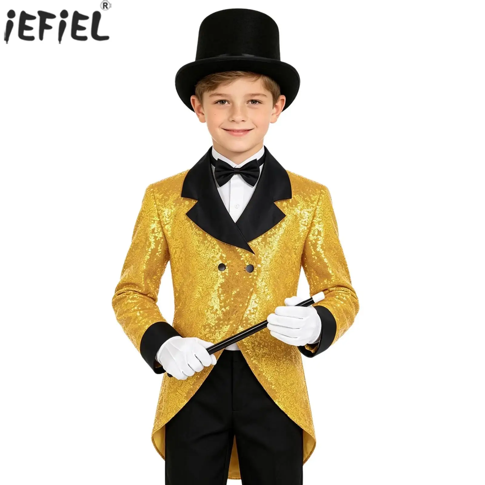 Kids Boys Circus Ringmaster Magician Costume Long Sleeve Double-breasted Sequin Tailcoat Jacket with Bowtie Hat Gloves And Wands
Kids Boys Circus Ringmaster Magician Costume Long Sleeve Double-breasted Sequin Tailcoat Jacket with Bowtie Hat Gloves And Wands