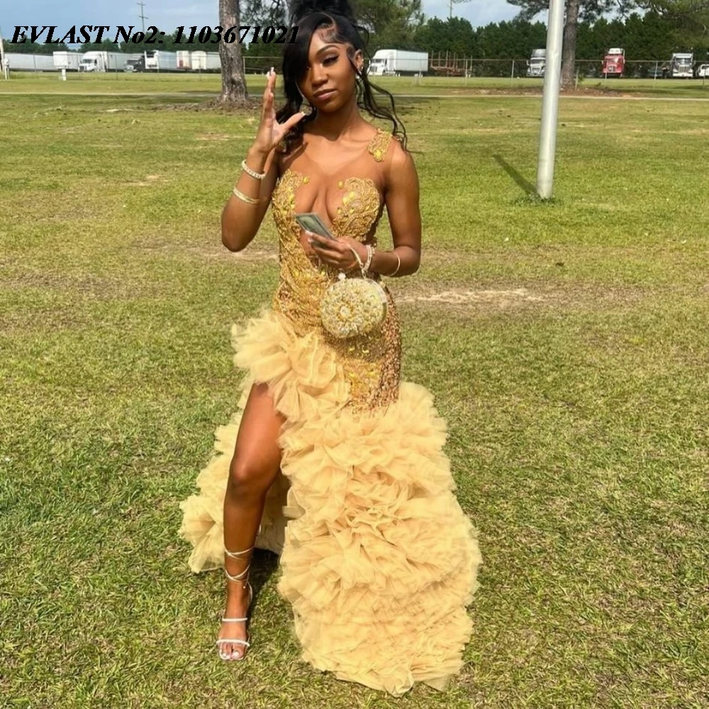 EVLAST Customized Luxury Gold Ruffles Prom Dress Blackgirls High Slit Crystal Beaded Mermaid Party Gown Robes De Soirée E2P442
EVLAST Customized Luxury Gold Ruffles Prom Dress Blackgirls High Slit Crystal Beaded Mermaid Party Gown Robes De Soirée E2P442