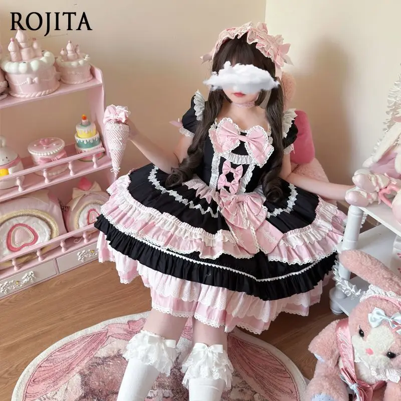 Lolita Dress Cute OP Short Sleeve Dress for Women Black and Pink Color Block Cake Dress Retro Square Neck Puff Sleeve Dresseses 
Lolita Dress Cute OP Short Sleeve Dress for Women Black and Pink Color Block Cake Dress Retro Square Neck Puff Sleeve Dresseses