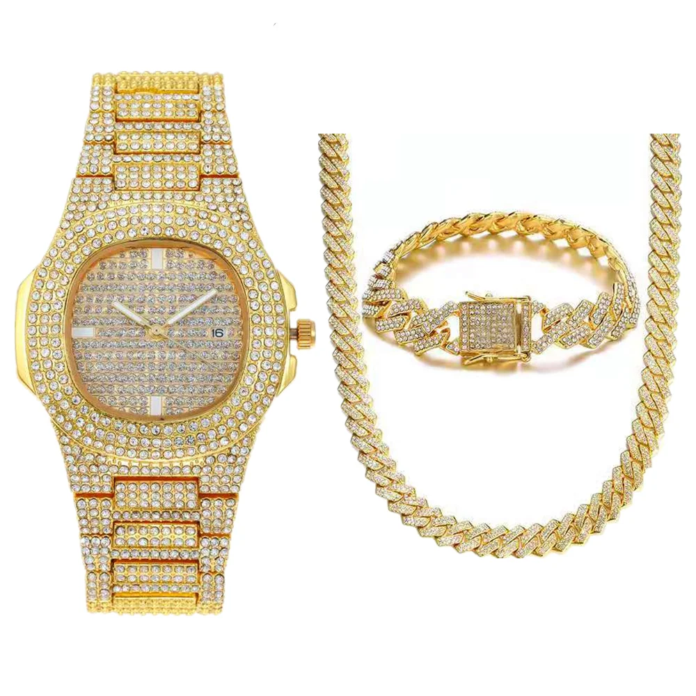 Rapper Hip Hop Cuban Chain Gold Sliver Color Iced Out Watches Paved Rhinestone Gold Necklace for Men Women African Jewelry Set
Rapper Hip Hop Cuban Chain Gold Sliver Color Iced Out Watches Paved Rhinestone Gold Necklace for Men Women African Jewelry Set