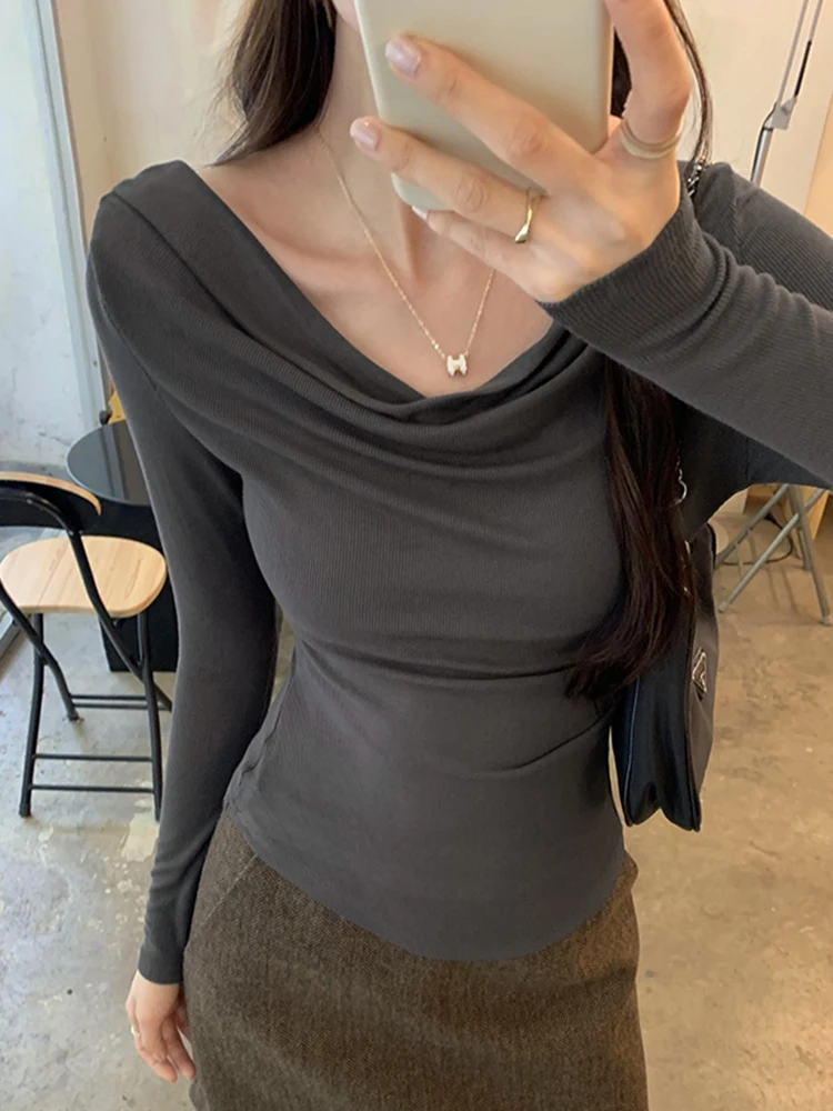 Autumn New Fashion Solid Color Women T-Shirt One Shoulder Korean White Coffee Long-Sleeve Top Simple Basic Street Slim T-Shirt
Autumn New Fashion Solid Color Women T-Shirt One Shoulder Korean White Coffee Long-Sleeve Top Simple Basic Street Slim T-Shirt