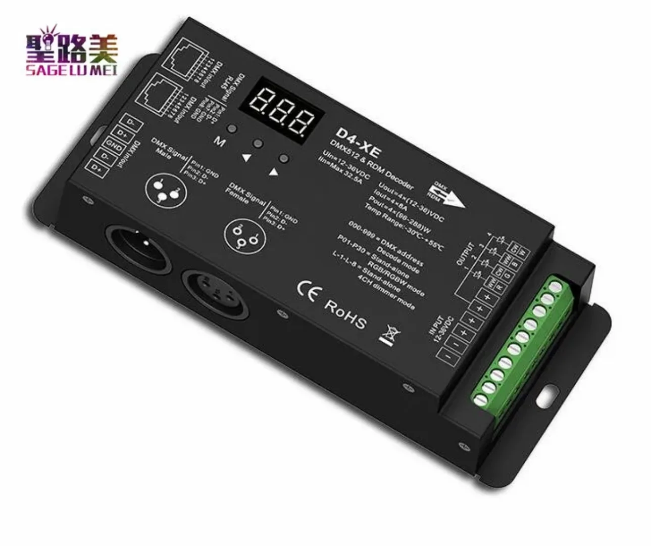 D4-XE 4-канальный ШИМ-контроллер светодиодного декодера CV DMX512 RDM с цифровым дисплеем XLR3 RJ45 DC12V 24V 36V input 8A*4CH 
D4-XE 4-канальный ШИМ-контроллер светодиодного декодера CV DMX512 RDM с цифровым дисплеем XLR3 RJ45 DC12V 24V 36V input 8A*4CH