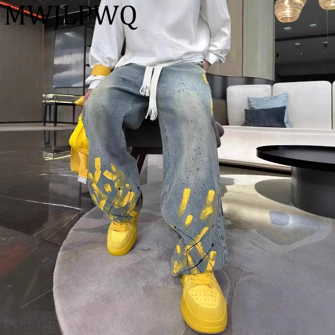 MWJLPWQ осенние новые мужские повседневные джинсы с ручной росписью и струйным принтом, модные уличные универсальные потертые винтажные прямые брюки 12033 
MWJLPWQ осенние новые мужские повседневные джинсы с ручной росписью и струйным принтом, модные уличные универсальные потертые винтажные прямые брюки 12033