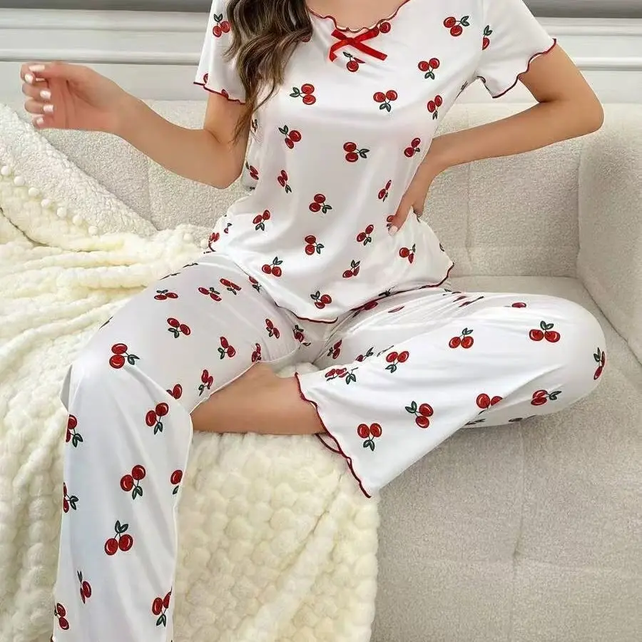 Lace Trim Women Pajama Set Short Sleeve Front Button Tops & Full-Length Pant Print 2 Pieces Sleepwear Outdoor Nightwear Homewear
Lace Trim Women Pajama Set Short Sleeve Front Button Tops & Full-Length Pant Print 2 Pieces Sleepwear Outdoor Nightwear Homewear
