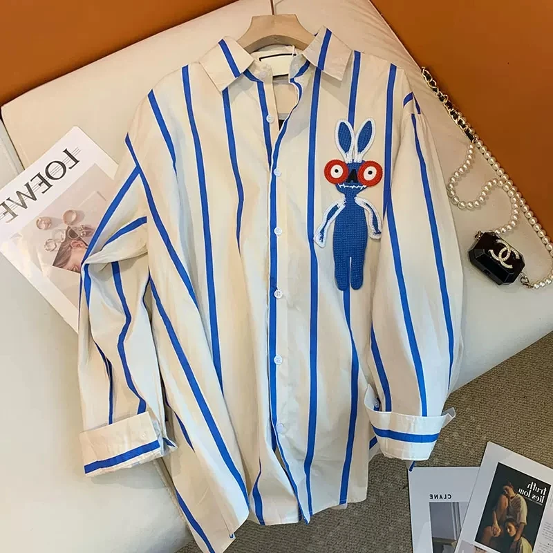 Blue White Striped Women's irt Spring Lazy Sle Japanese Retro Design Unique Layering Hong Kong Sle Ele Rabbit irt
Blue White Striped Women's irt Spring Lazy Sle Japanese Retro Design Unique Layering Hong Kong Sle Ele Rabbit irt