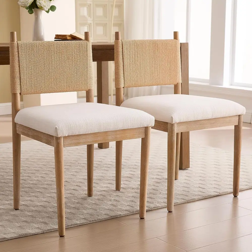 Pair of Beige Upholstered Dining Chairs with Woven Rope Back, Suitable for Kitchen, Dining Room, and Hospitality Settings
Pair of Beige Upholstered Dining Chairs with Woven Rope Back, Suitable for Kitchen, Dining Room, and Hospitality Settings