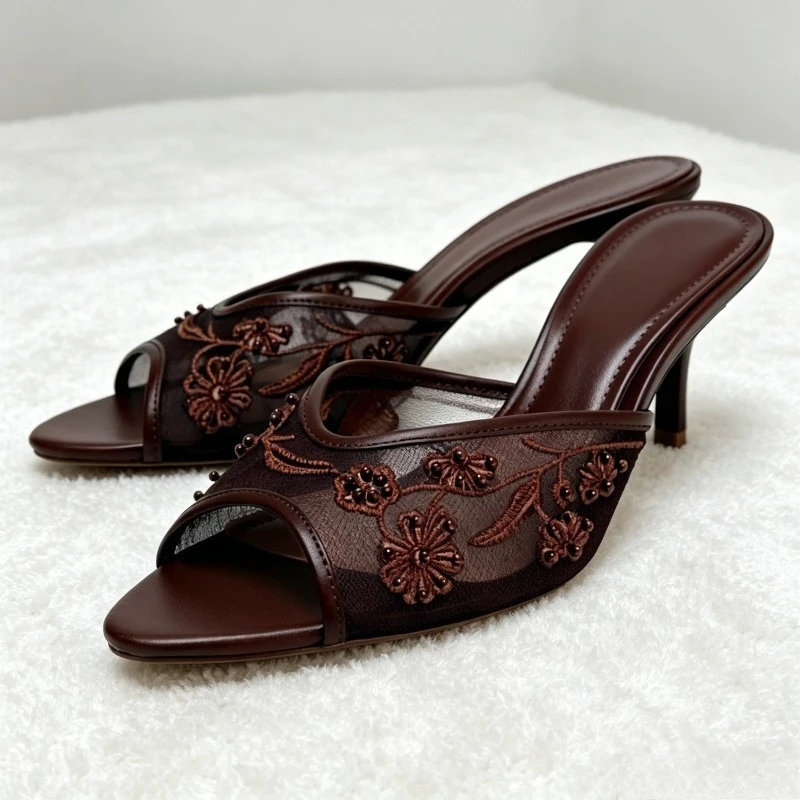 Sexy Peep Toe Mesh Brown Heeled Slippers Women Fashion String Bead Embroider Slide Sandals Luxury Party Designer Heeled Sandals
Sexy Peep Toe Mesh Brown Heeled Slippers Women Fashion String Bead Embroider Slide Sandals Luxury Party Designer Heeled Sandals