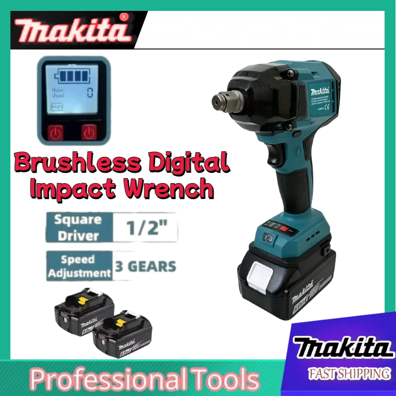 Makita Brushless Digital Display Electric Impact Wrench Cordless Electric High Torque Wrench 1/2 Inch Screwdriver Power Tool
Makita Brushless Digital Display Electric Impact Wrench Cordless Electric High Torque Wrench 1/2 Inch Screwdriver Power Tool