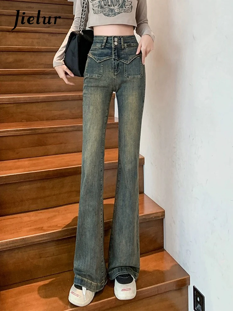 

Jielur High Waist Vintage Slim Chic Women's Jeans Straight Double Buttons Fashion Female Streetwear Pockets Simple Flare Pants