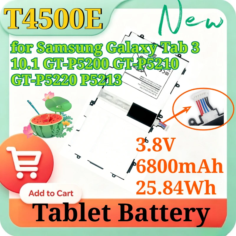 T4500E 3.8V 6800mAh 25.84Wh Replacement Li-ion Battery for Samsung Galaxy Tab 3 10.1 GT-P5200 GT-P5210 P5213 Tablet Battery Pack
T4500E 3.8V 6800mAh 25.84Wh Replacement Li-ion Battery for Samsung Galaxy Tab 3 10.1 GT-P5200 GT-P5210 P5213 Tablet Battery Pack
