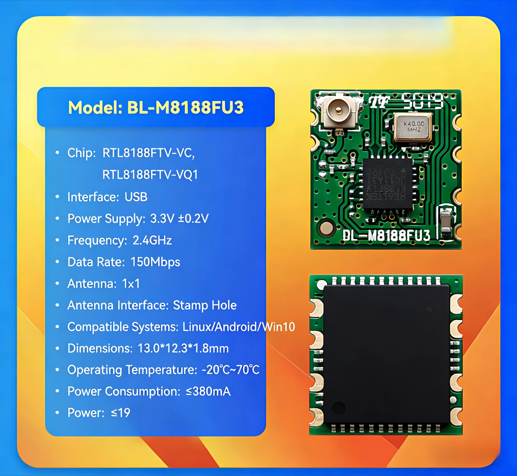 With Realtek RTL8188FTV Chip WiFi Module IPEX Connector Wireless Network Module for IPC Camera
With Realtek RTL8188FTV Chip WiFi Module IPEX Connector Wireless Network Module for IPC Camera